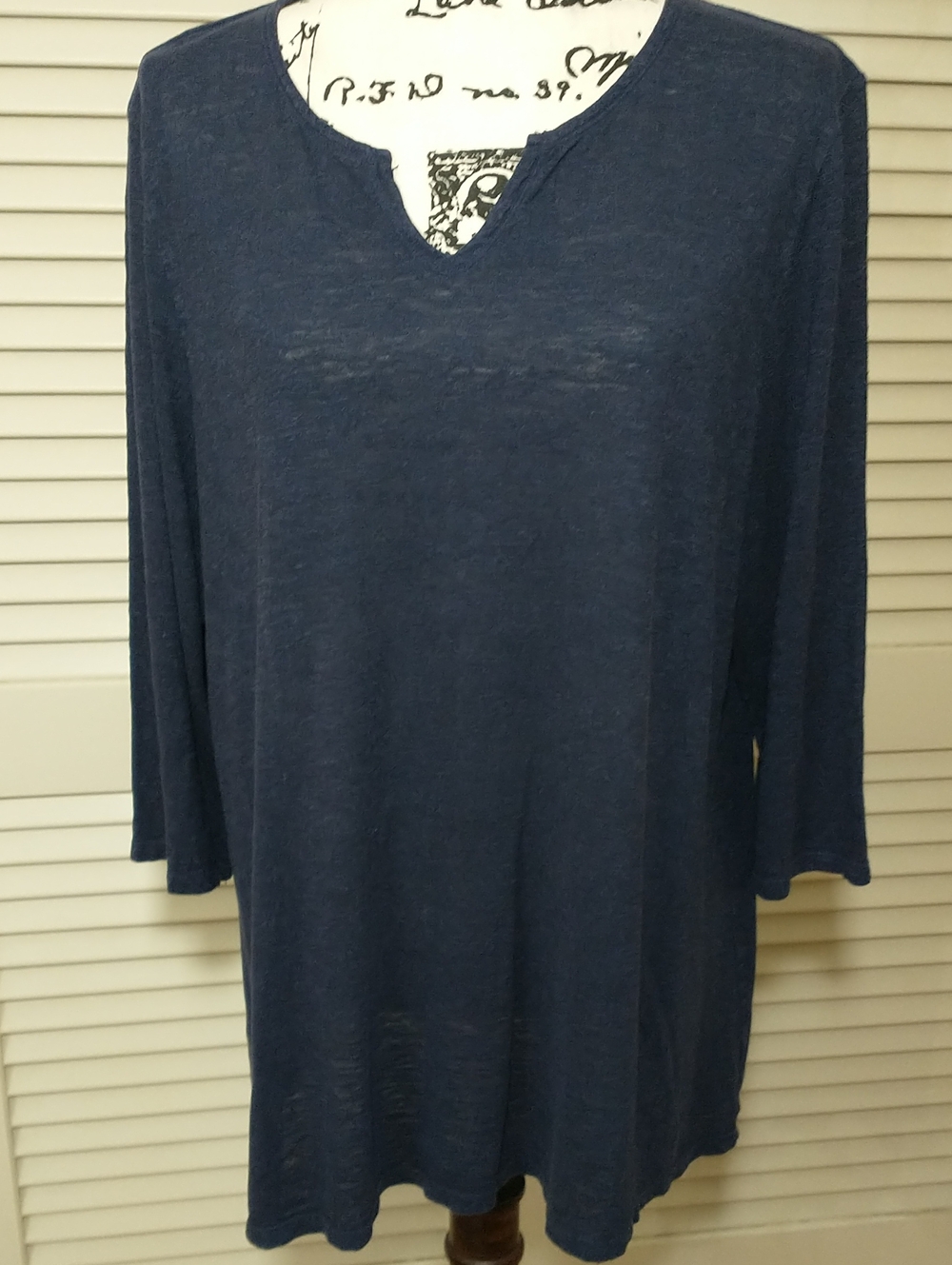 Eileen Fisher Tunic Top, Blue, 3/4 Sleeve, Hemp, Organic Cotton,Size XL, Minimal